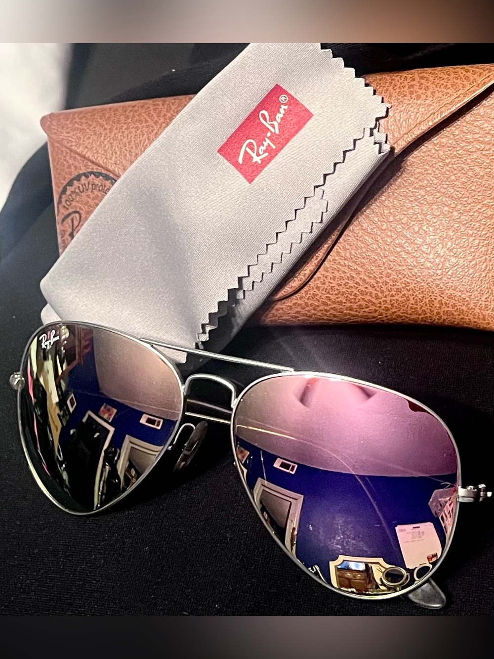 Ray-Ban Silver Aviator Sunglasses with Pink and Blue Mirror Lenses- Size L